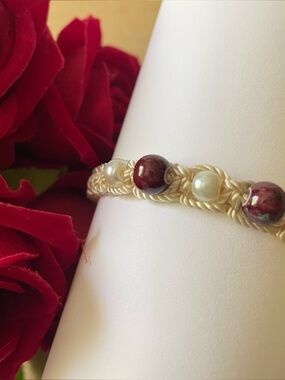 Handcrafted Adjustable Macrame Bracelet with Red Jasper and Pearl Beads